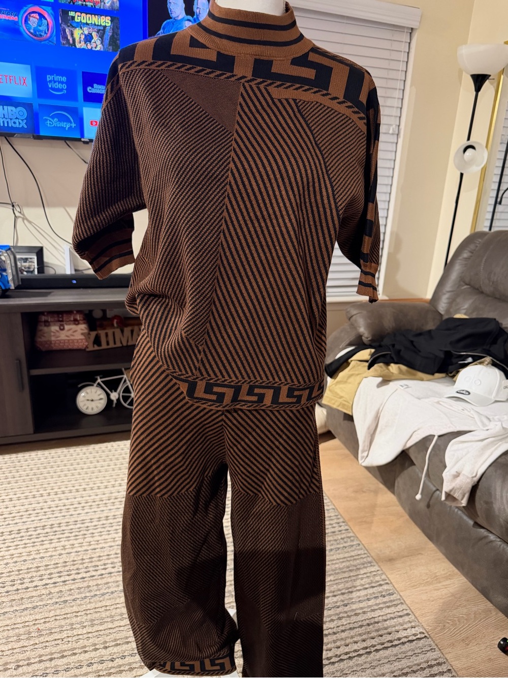 Geometric Brown Knit Jumpsuit with Short Sleeves